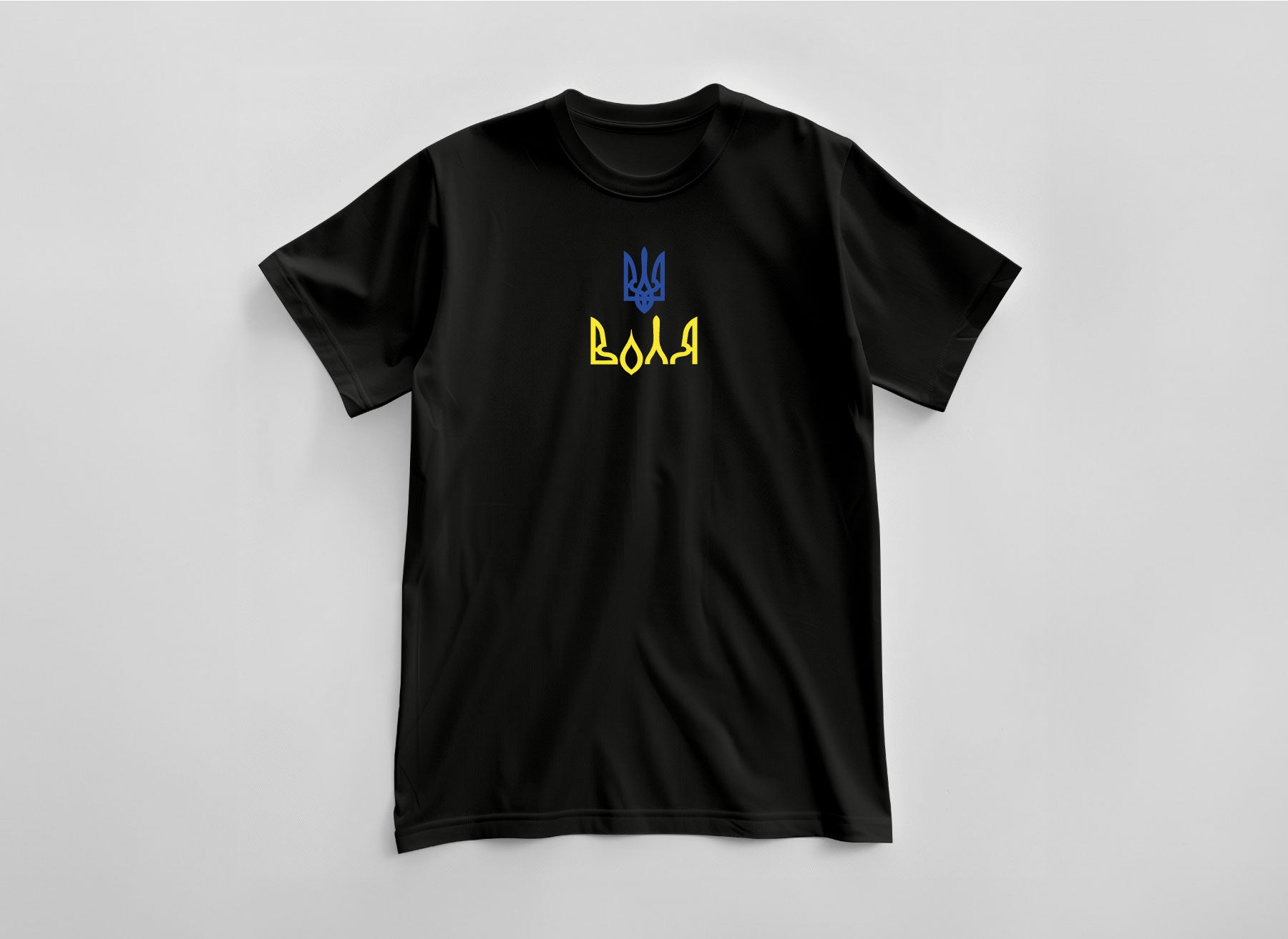 Black T-shirt with a  print in the form of the coat of arms of Ukraine and word VOLIA by Azure and Gold