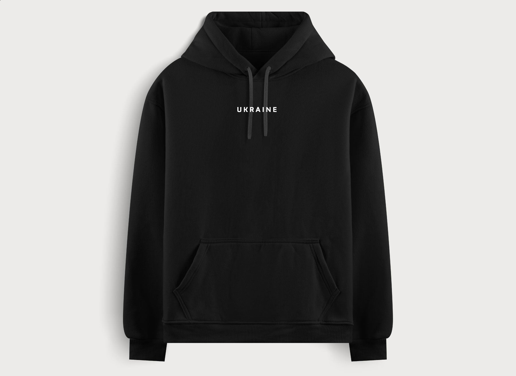 black hoodie with a  small print in the form word Ukraine by Azure and Gold