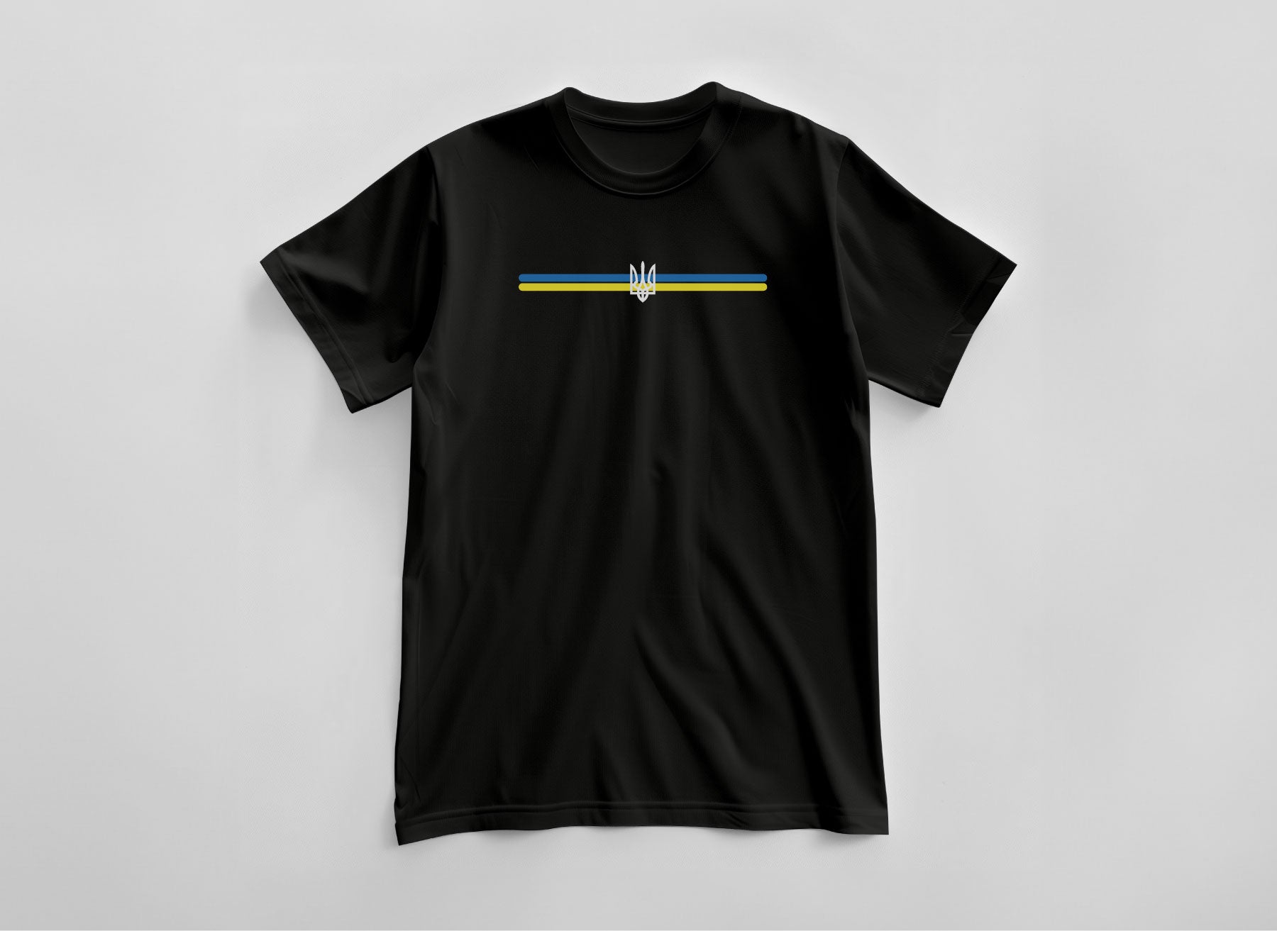 black T-shirt with a print in the form of the coat of arms of Ukraine and two lines in the colors of the Ukrainian flag by Azure and Gold