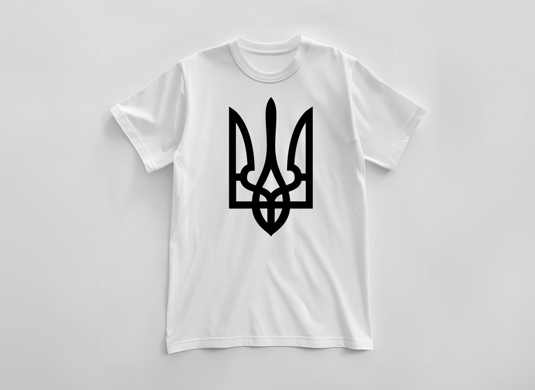 White T-shirt with a large print in the form of the coat of arms of Ukraine by Azure and Gold