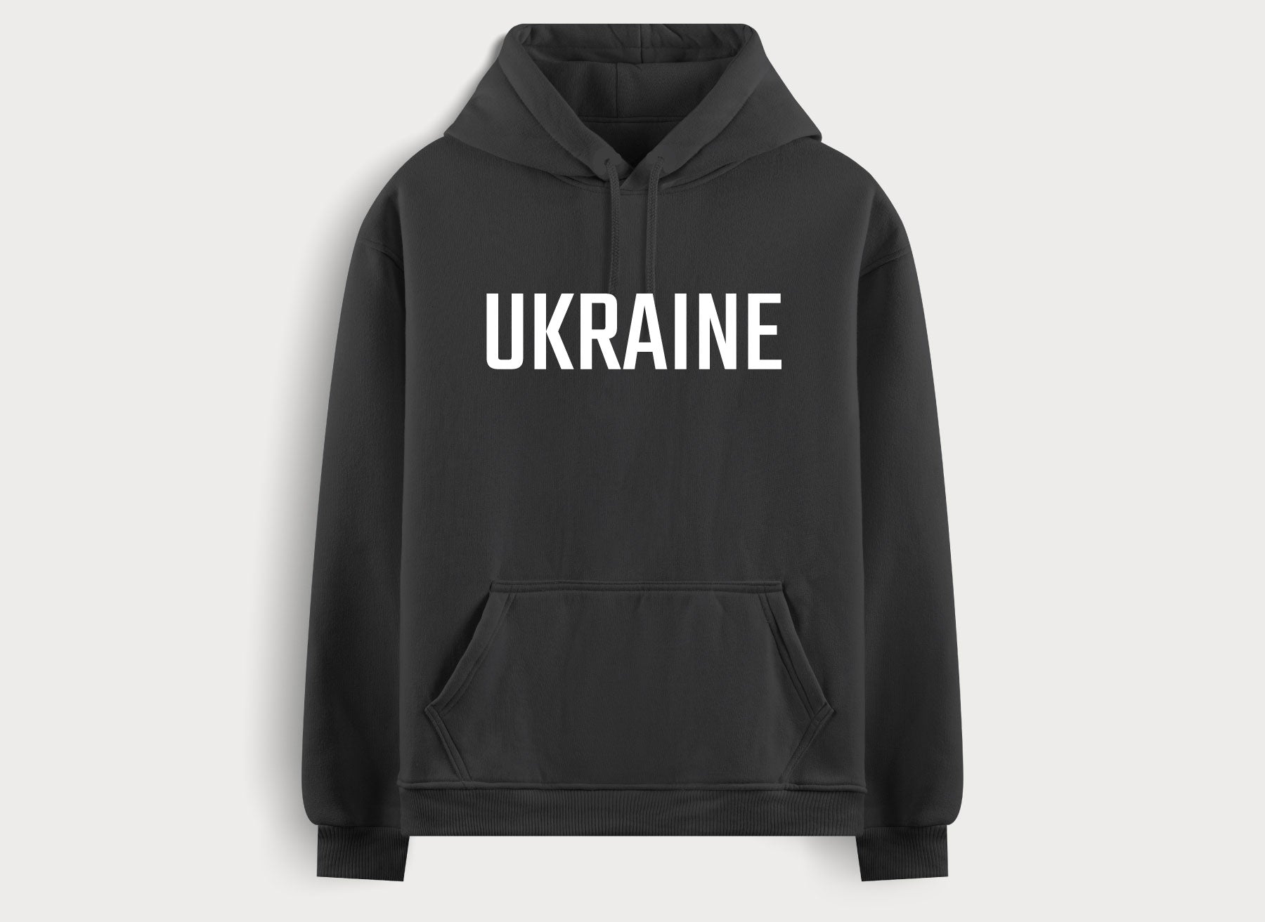 dark gray hoodie with a large print in the form of the word Ukraine by Azure and Gold