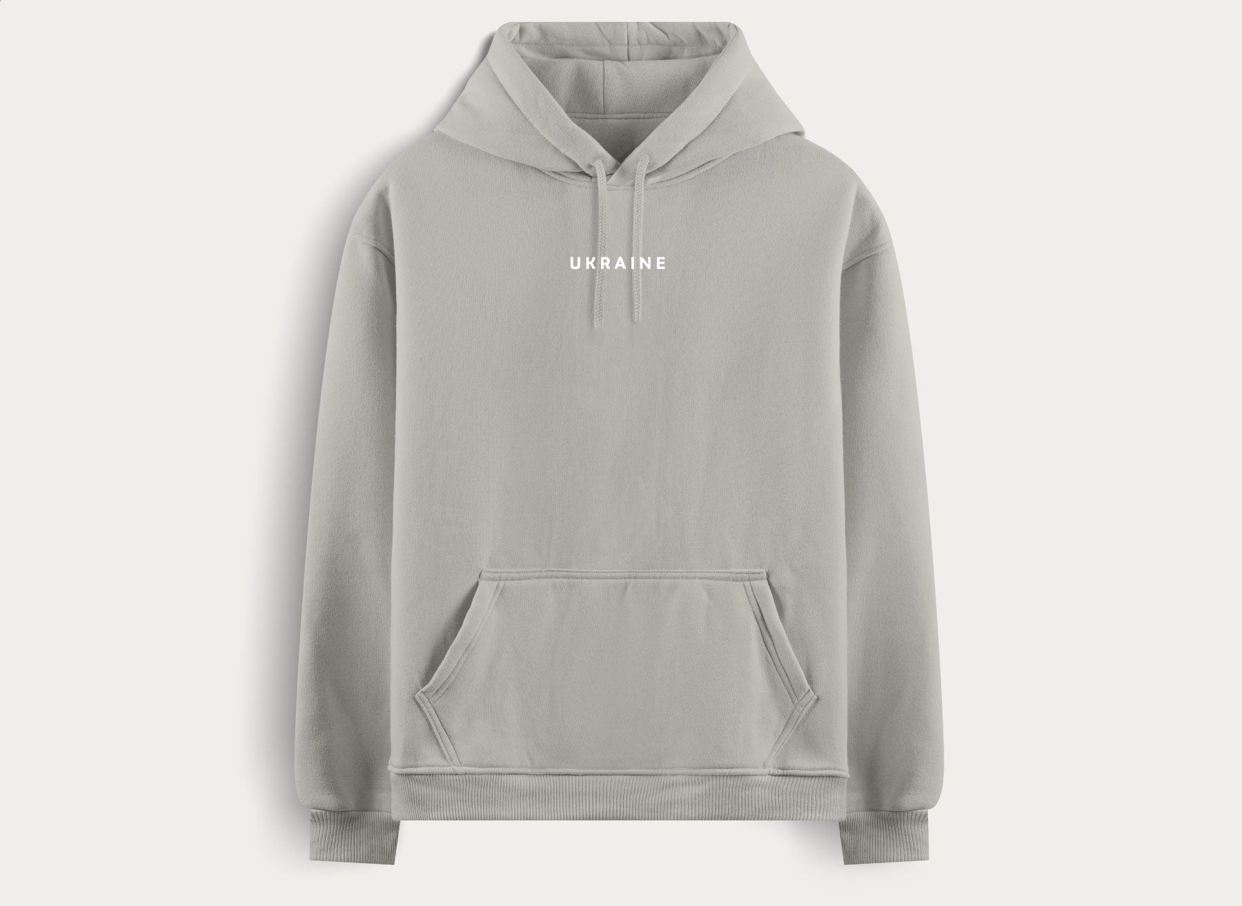 grey oats  hoodie with a  small print in the form word Ukraine by Azure and Gold