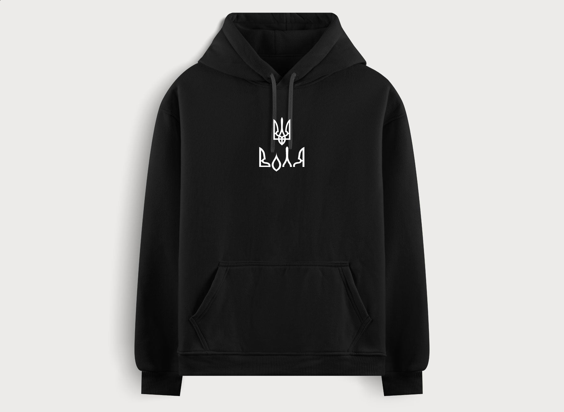 black hoodie with a print in the form of the coat of arms of Ukraine and word volia by Azure and Gold