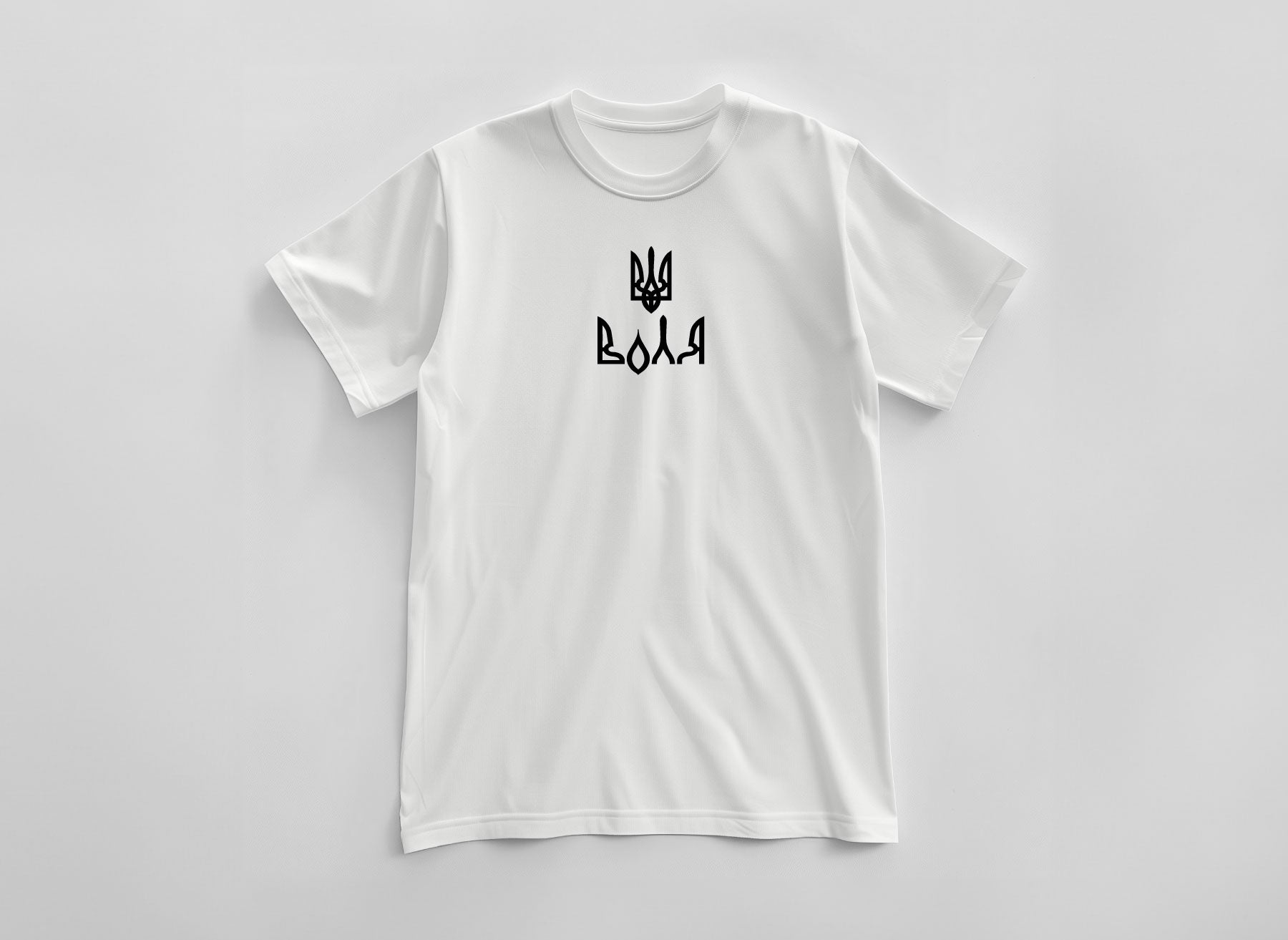 White T-shirt with a  print in the form of the coat of arms of Ukraine and word VOLIA by Azure and Gold