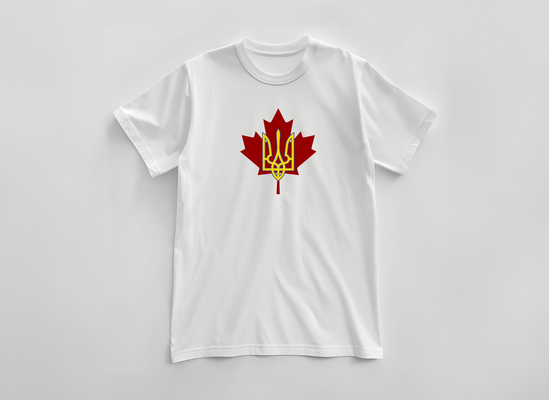 White T-shirt with a large print of the coat of arms of Ukraine on a maple leaf background by Azure and Gold