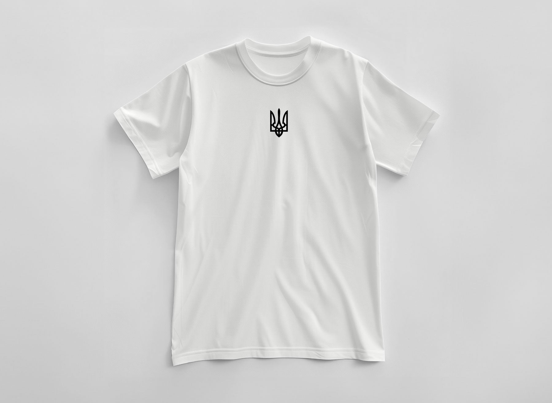 White T-shirt with a small print in the form of the coat of arms of Ukraine by Azure and Gold