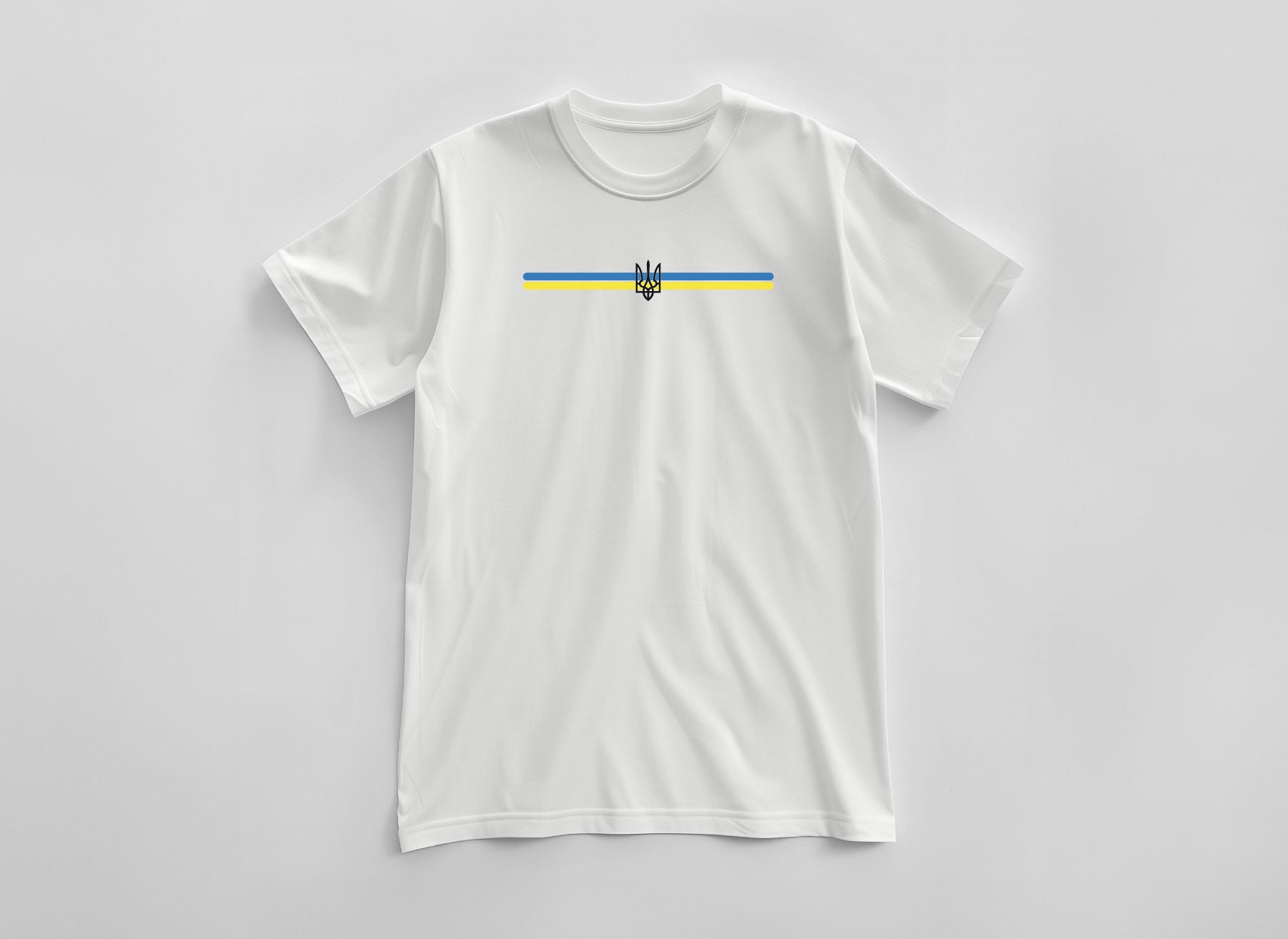 White T-shirt with a print in the form of the coat of arms of Ukraine and two lines in the colors of the Ukrainian flag by Azure and Gold